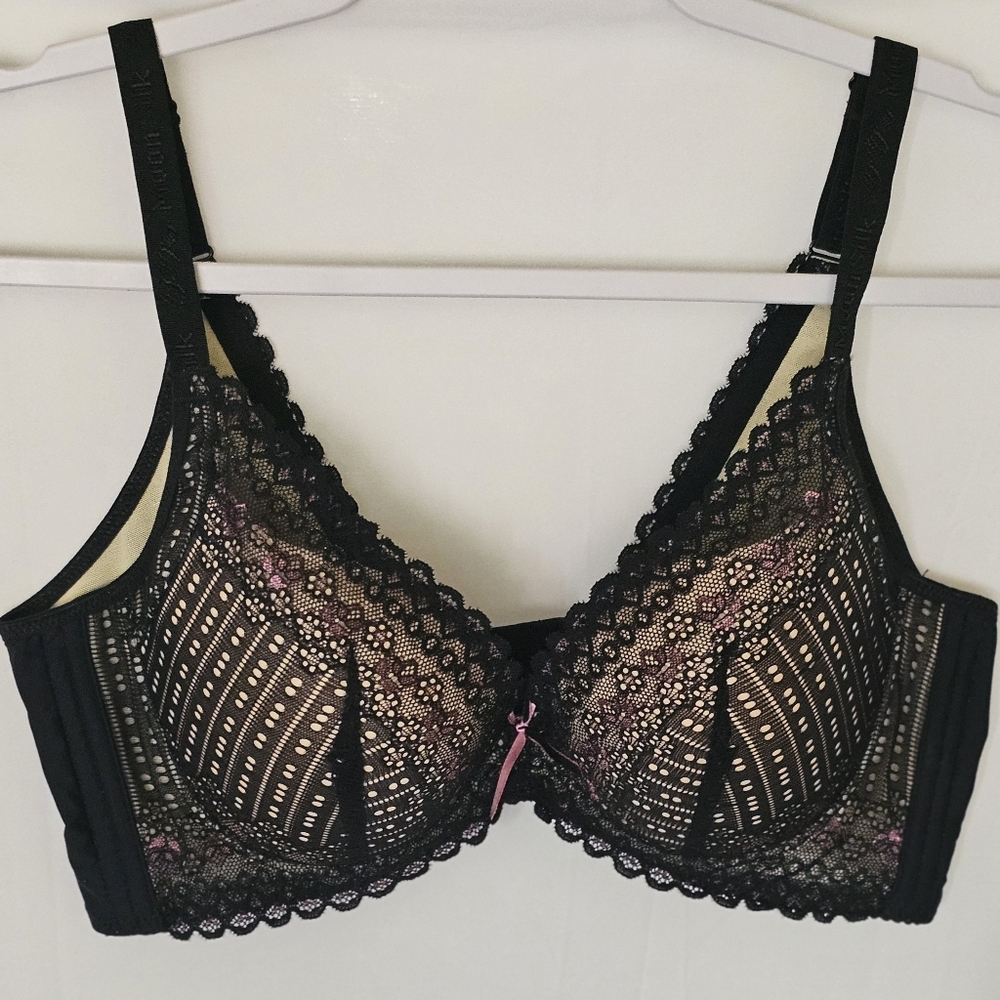 Moonsilk 38C Black & Pink Accent Lace Bra No Wire Padded For Comfort Lightweight